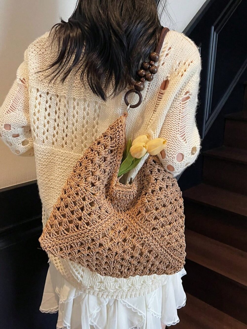 Khaki Casual Women's Crochet Hollow Patchwork Spacious Shoulder Bag - Picture 6 of 9